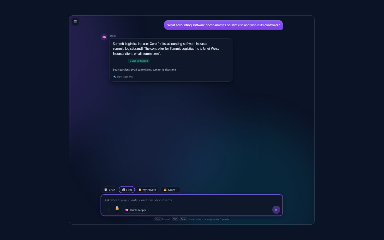 Firmify chat answering a staff question about client Summit Logistics, with inline source citations.