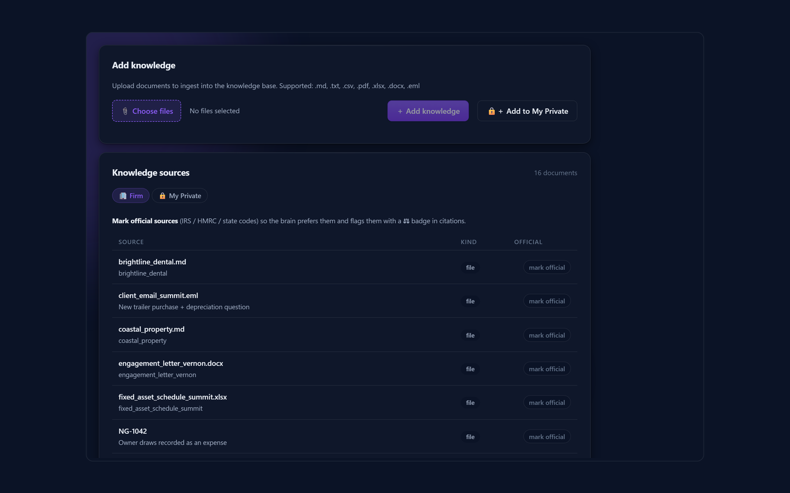 Firmify documents page listing knowledge sources ingested from client files, emails, and support tickets, with an upload panel above.
